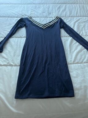 Heart Hips Navy Long Sleeve V-Neck Dress with Striped Trim